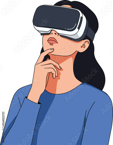Woman experiencing immersive virtual reality technology with vr headset and thoughtful expression in blue clothing 