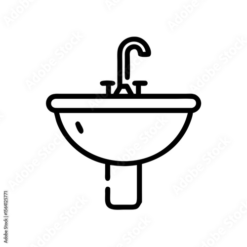 Outline sink with faucet icon, representing plumbing fixture and domestic hygiene concept. Vector illustration on isolated white background for web, app, graphic design