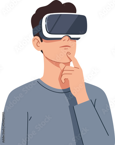 Young man exploring virtual reality with headset in thoughtful pose digital technology concept