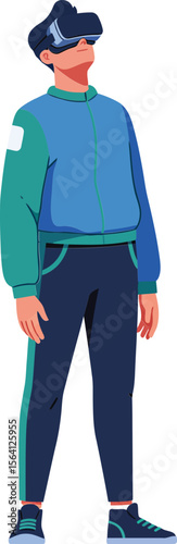 Man wearing virtual reality headset and casual sportswear exploring immersive digital environment in modern technology scene 