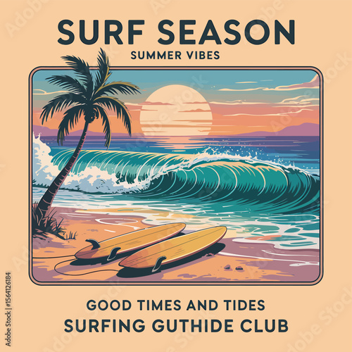 Summer surf season design features crashing waves, a palm tree, and surfboards on a sandy beach, ideal for vacation apparel or coastal themed branding projects.