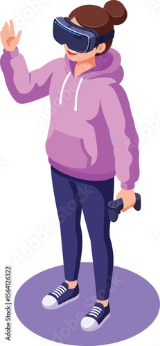 Young woman wearing purple hoodie using virtual reality headset and controller in interactive digital experience 