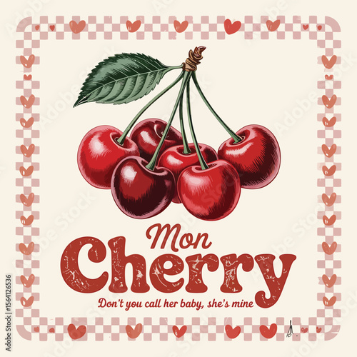 Appealing graphic with delicious cherries for designs related to vintage aesthetics, Valentine's day themes, logo creation, branding, invitations, and decorative applications for design projects.