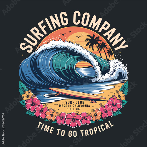Ride the wave with this surfing company design showing a board, beach, sunset and tropical flowers, perfect for summer apparel and logo design projects in a surf style.