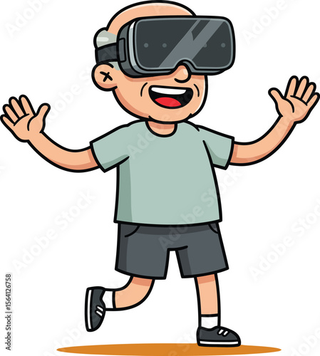 Elderly man enjoying virtual reality experience with headset and casual summer clothing happy and active 