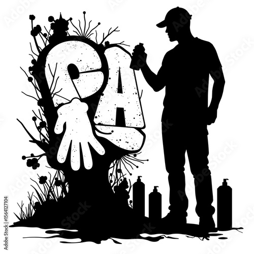 Silhouette of artist with spray cans near mural, street art creation