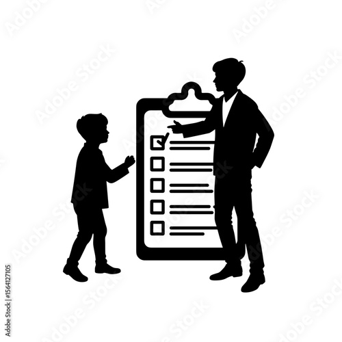 Silhouette of adult teaching child with checklist, educational guidance concept