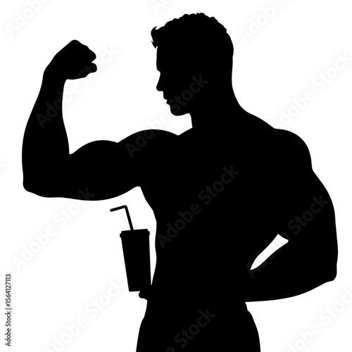 Silhouette of flexing arm with recovery drink, strength and fitness concept