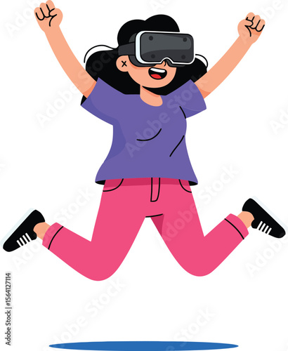 Young woman enjoying immersive virtual reality experience jumping in excitement with vr headset technology 