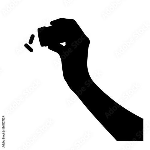 Silhouette of hand pouring capsules, health supplement concept on white background