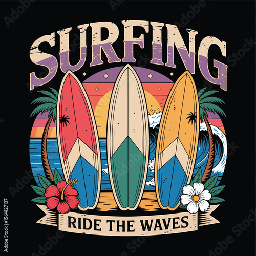 Summer surfing scene displays vibrant surfboards on a beach with palm trees, evoking the essence of a retro surf lifestyle, ideal for vacation themes and coastal designs.
