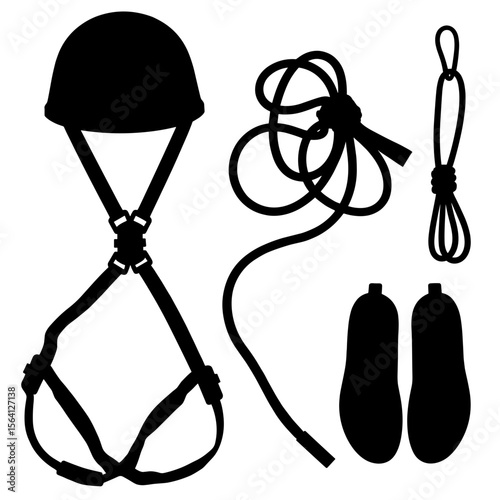 Climbing gear silhouette: helmet, rope, harness, shoes, black and white, safety equipment