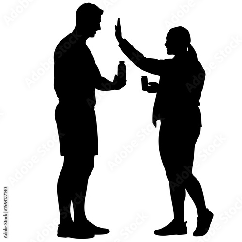 Silhouette of athlete high-fiving trainer with supplement bottles, motivation boost