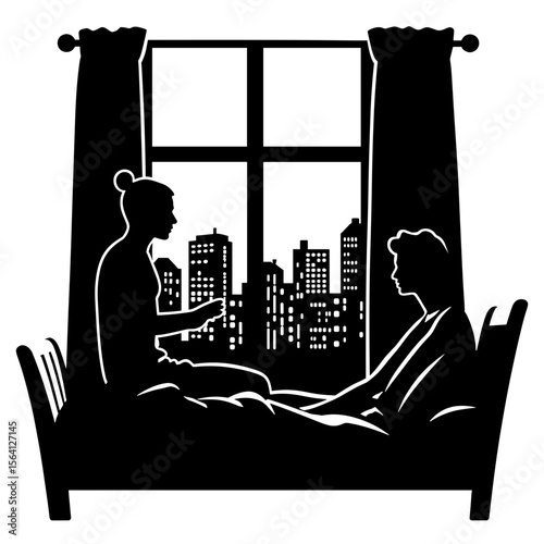 Silhouette of athletes with supplements by city window, nighttime recovery
