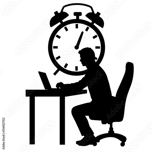 Silhouette of man at desk with clock, time management and productivity focus