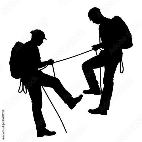 Silhouette of two climbers with rope, teamwork and adventure collaboration
