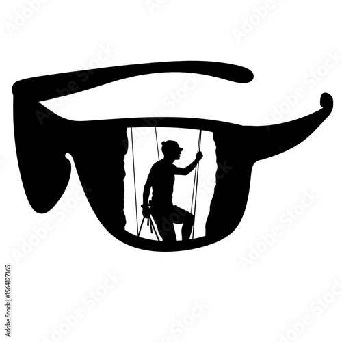 Silhouette of climber in belay glasses reflection, adventure exploration gear