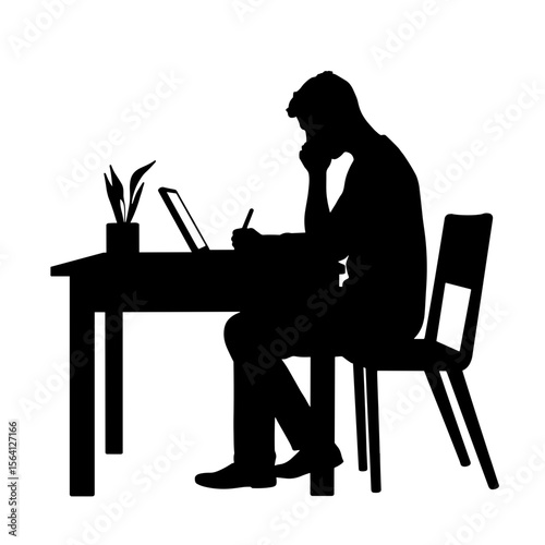 Silhouette of person writing at desk, creative thought workspace, copyspace