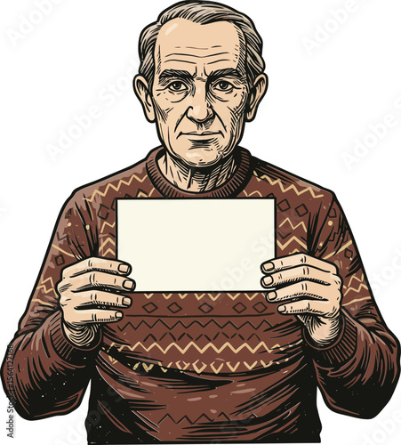 Elderly man holding blank sign with serious expression wearing patterned sweater in portrait style illustration 