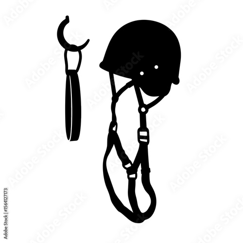 Silhouette of climbing gear helmet and harness on hook, adventure safety concept
