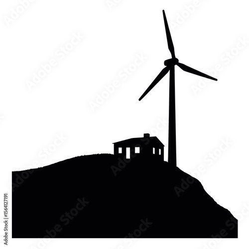 Silhouette of wind turbine on hill with house, sustainable energy concept