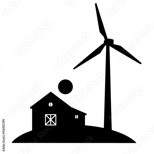 Wind turbine beside farmhouse silhouette, rural renewable energy symbol