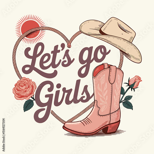 A charming country western graphic featuring a cowboy boot, hat, sun, roses and rope heart design, perfect for apparel design, branding, or adding a rustic touch to any project.