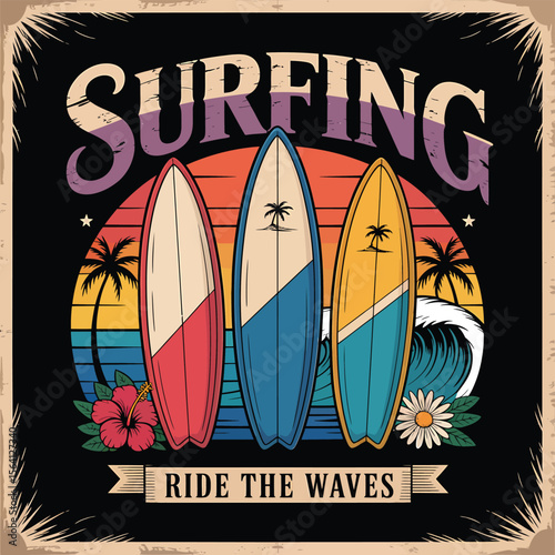 Summertime surfing emblem with surfboards, hibiscus, daisy flowers, sunset, and ocean waves, designed for a cool coastal vibe, perfect for posters or apparel designs.