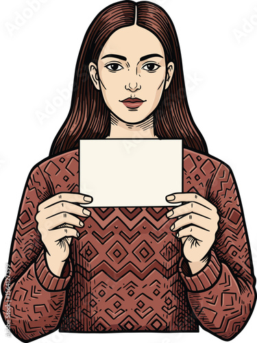 Young woman holding blank card with both hands wearing brown patterned sweater against white background portrait style 