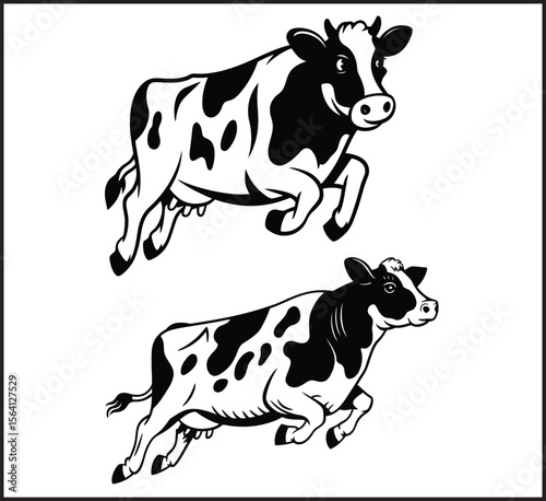 Set of Two Spotted Cows Running and Jumping in Black and White Vector Icons