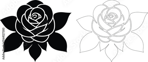 Elegant black silhouette and outline of a blooming rose flower with leaves on white background. EPS