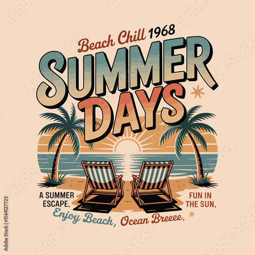 Evocative summer graphic showcasing beach chairs beneath palm trees against a retro sunset backdrop, ideal for vacation themed layouts and tropical getaway designs.