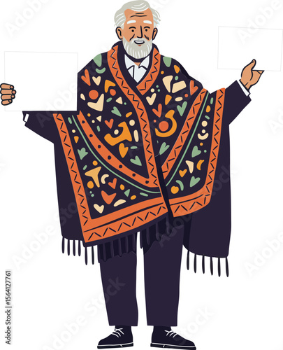 Elderly man wearing traditional patterned shawl with hearts and geometric shapes standing and gesturing naturally 