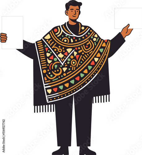 Man wearing colorful traditional poncho with geometric patterns holding white squares in both hands artistic illustration 