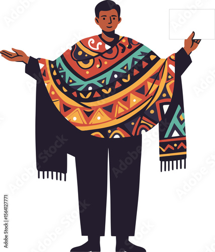 Man wearing colorful patterned poncho with geometric designs standing isolated on white background 