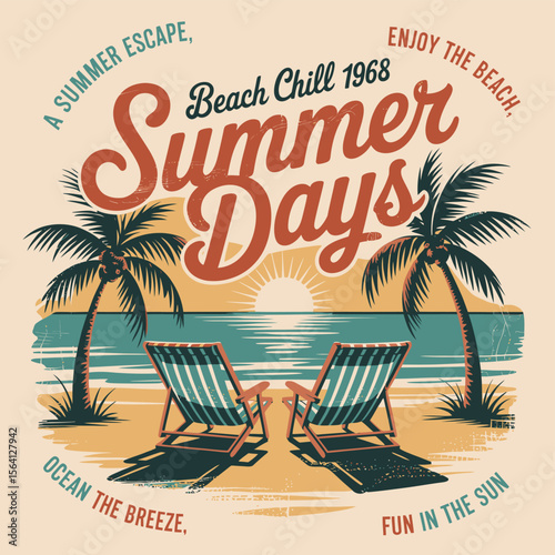 A summer themed graphic design showcasing a beach scene with palm trees, chairs and text with vintage flair, ideal for vacation promotions or beach themed designs and seaside artwork.