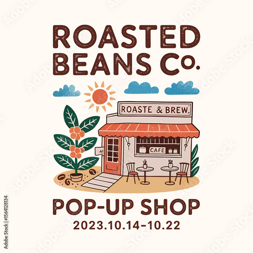 Charming coffee shop promotion design with cozy cafe, beans, sun, and clouds, perfect for branding, logo creation, or printable coffee themed posters and event announcements.