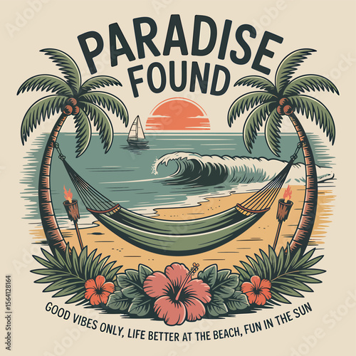 Dreamy beach scene featuring a hammock strung between palm trees at sunset, perfect for vacation themes, travel designs, or a tropical escape graphic, evoking relaxation.
