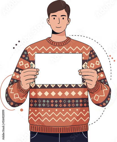 Man in orange patterned sweater holding blank white paper with neutral expression isolated on white background 