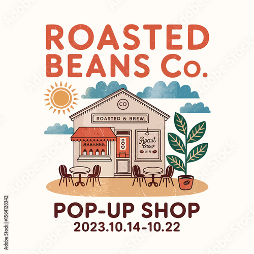 A delightful graphic showcases a coffee shop with a cozy atmosphere, promoting roasted beans and brew, perfect for cafe branding, posters or any promotional material about coffee events.