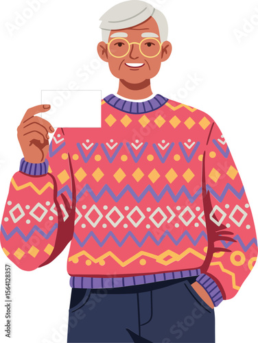 Elderly man wearing colorful knitted sweater with geometric patterns in casual pose smiling warmly 
