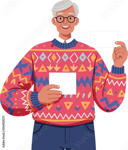 Elderly man in colorful patterned sweater holding a blank paper and thread in illustration style 