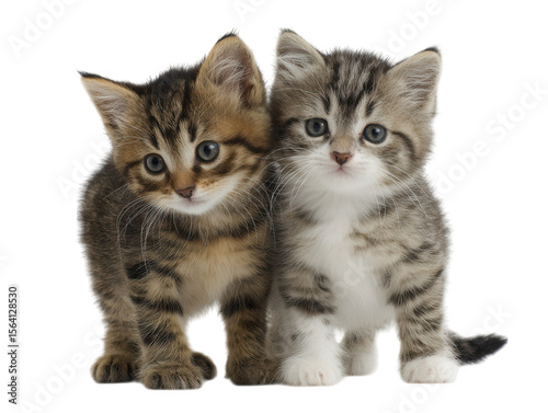 Adorable Pair Two Cute Tabby Kittens Standing Together on White Background, Embodying Playfulness and Innocence
