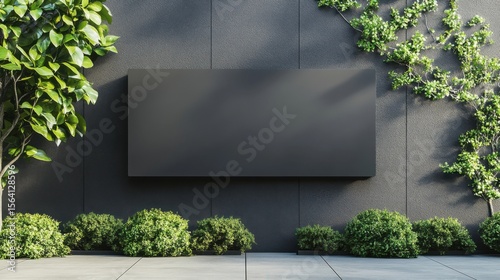 a black tv mounted on a black wall next to a tree