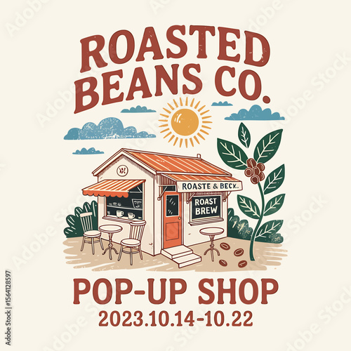 Captivating Coffee Shop design, showcasing a pop-up shop with roasted beans, sun, plants and clouds, perfect for branding, marketing, or adding a touch of charm to any project.