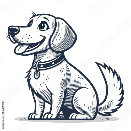Illustration of a black and white cartoon dog sitting with a collar and a happy expression on its face