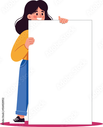 Young woman holding blank white poster board with thumbs up gesture in casual clothing