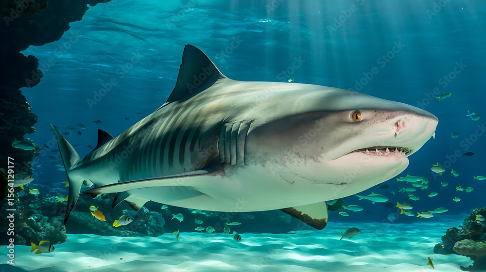 Fototapeta premium Powerful tiger shark, fierce predator in ocean depths. 