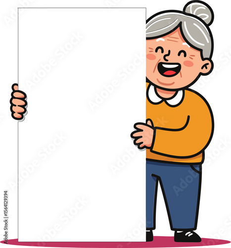Elderly woman holding blank white signboard smiling with casual clothes and gray hair bun illustration 