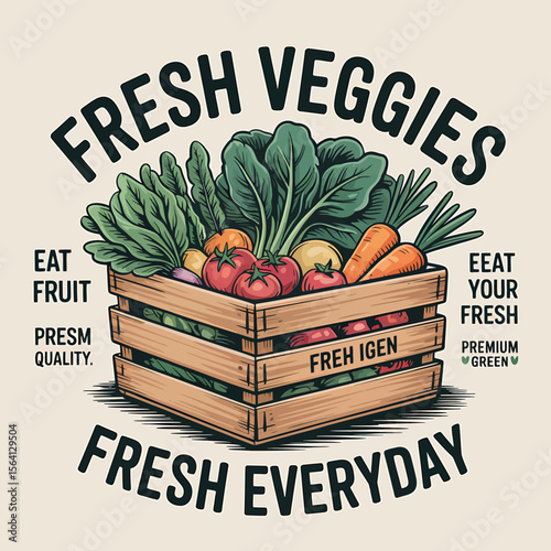 Delight in a colorful crate brimming with nutritious veggies and fruits, a scalable art for logos, fresh food campaigns, and health-conscious branding, suitable for print and web.
